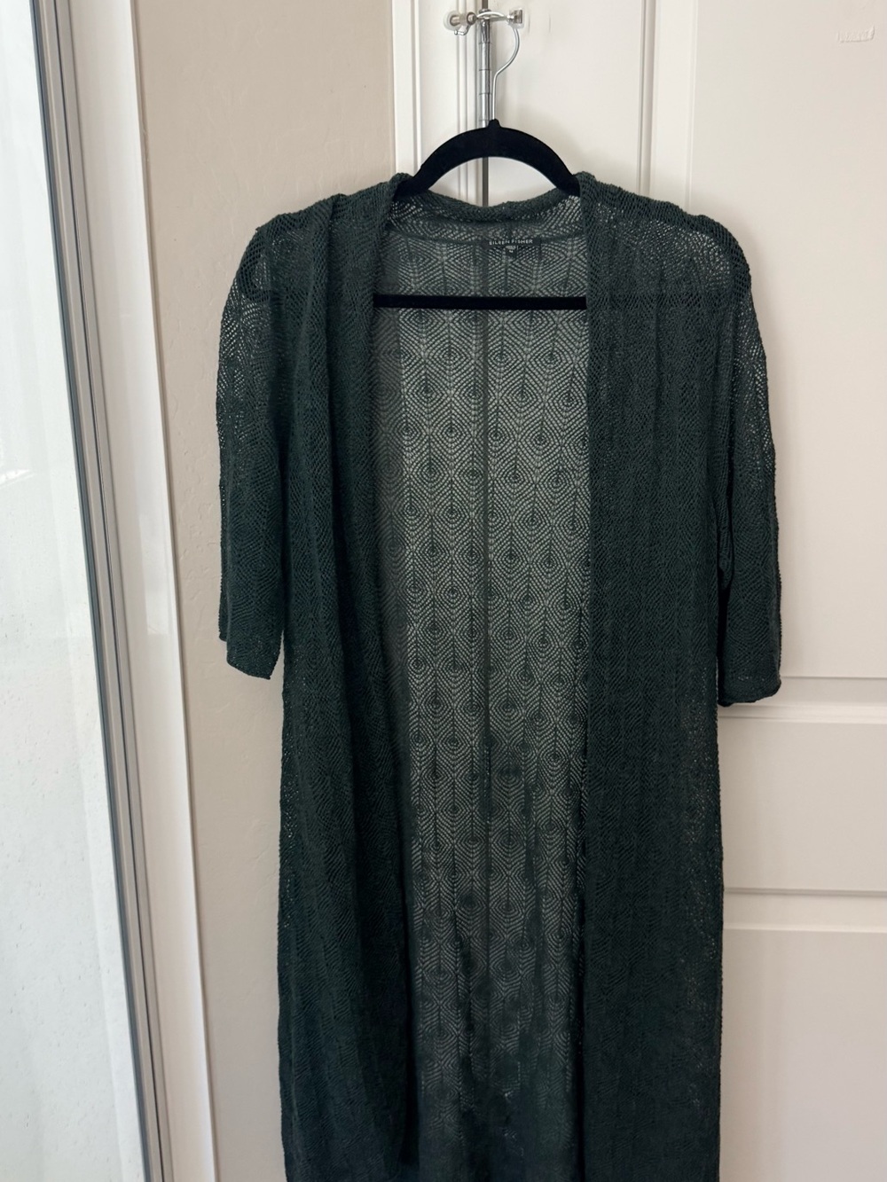 Eileen Fisher Dark Green Open Knit Long Cardigan